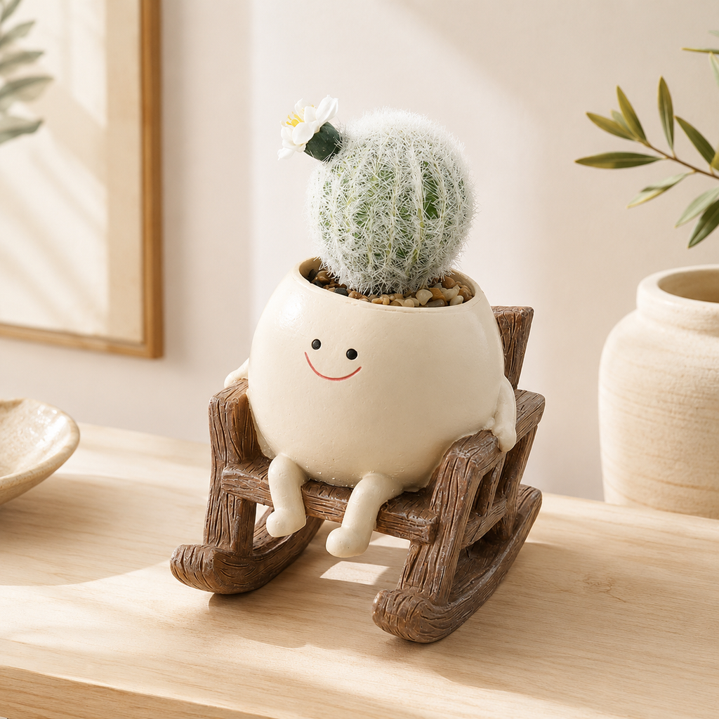 Resin Smiley Face Rocking Chair Planter – Whimsical Succulent Holder & Happy Decor