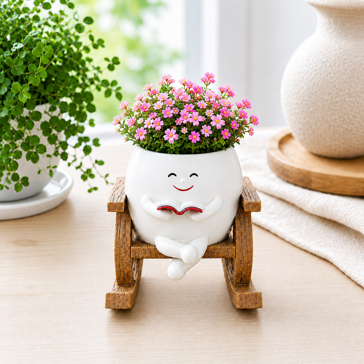 Resin Smiley Face Rocking Chair Planter – Whimsical Succulent Holder & Happy Decor