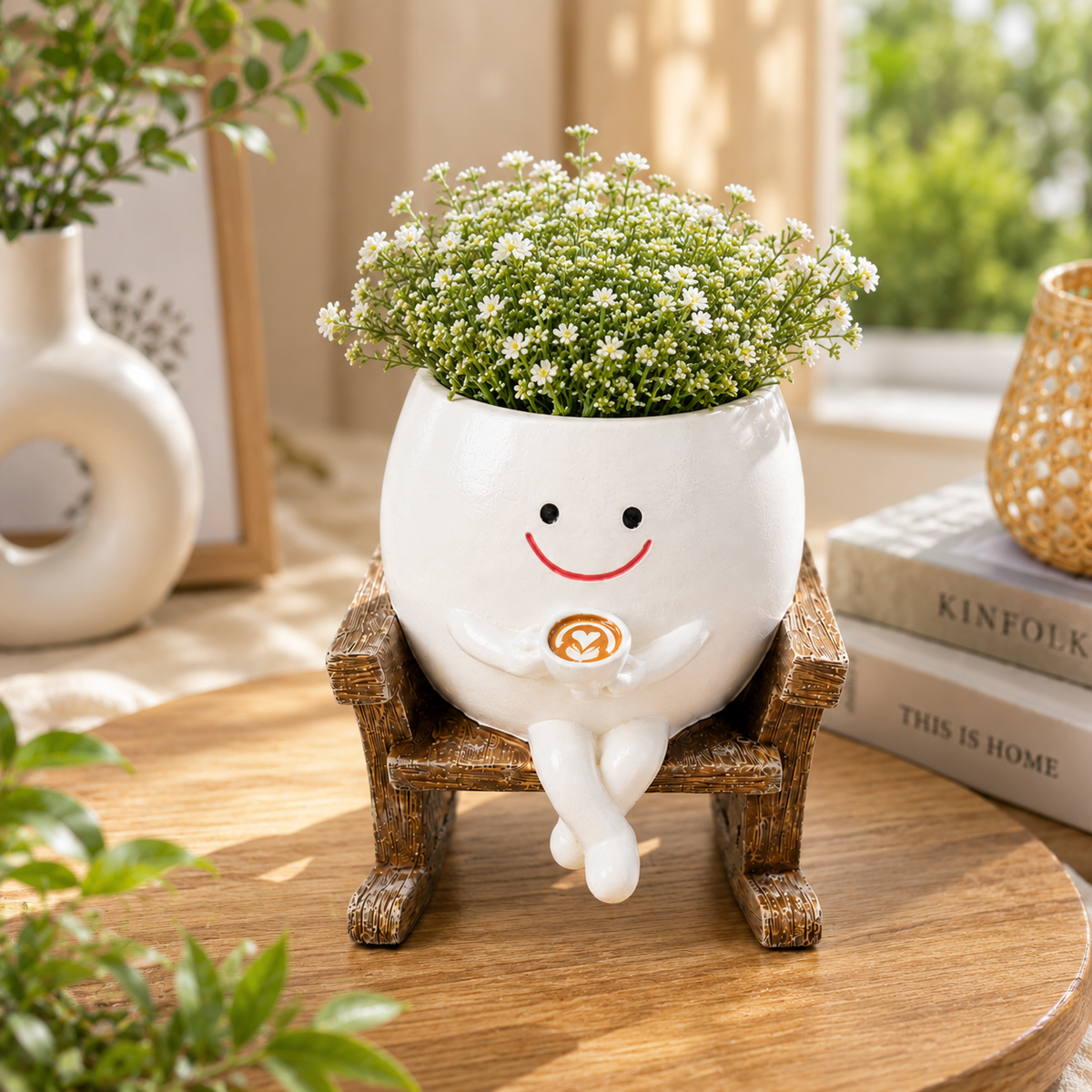 Resin Smiley Face Rocking Chair Planter – Whimsical Succulent Holder & Happy Decor