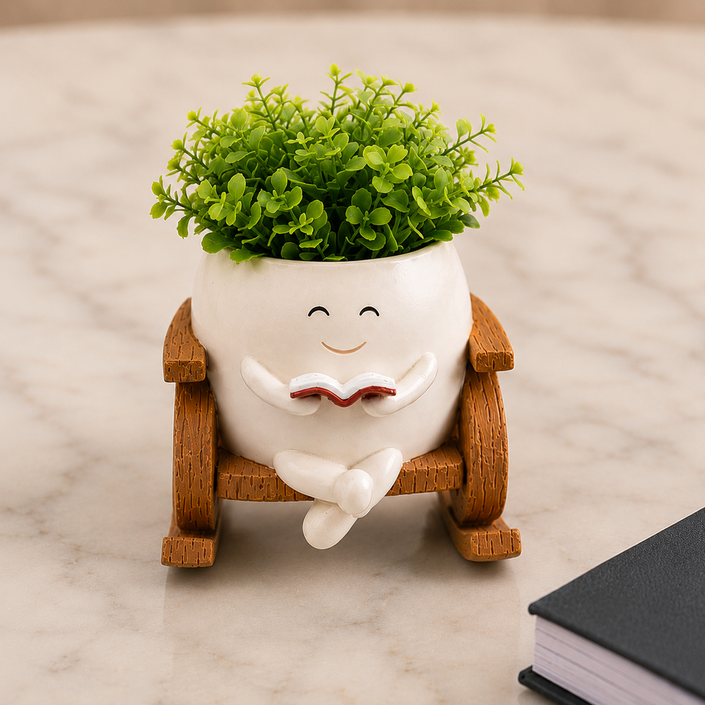 Resin Smiley Face Rocking Chair Planter – Whimsical Succulent Holder & Happy Decor