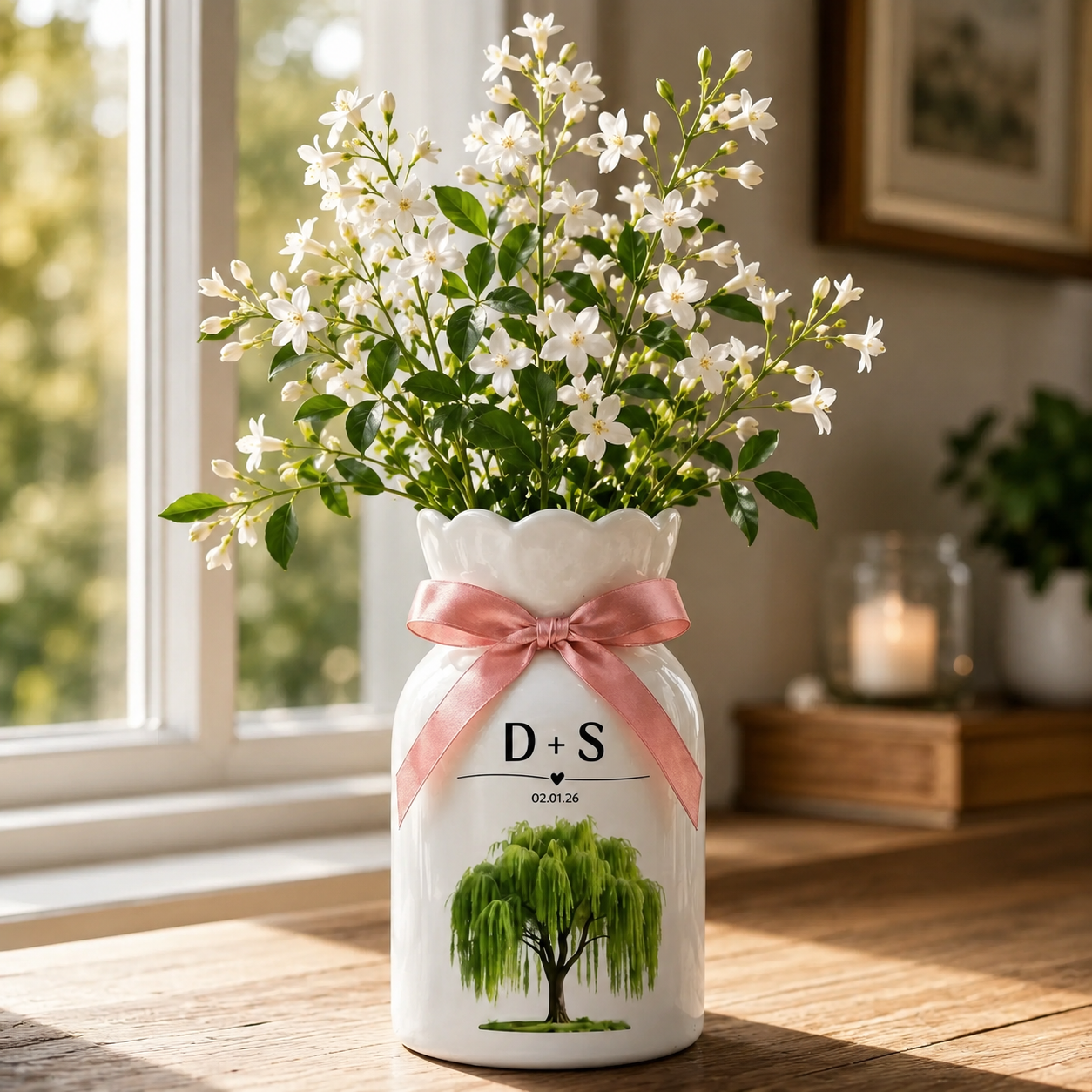 Personalized 9th Anniversary Willow Tree Flower Vase – Custom Ceramic Anniversary Gift for Wife & Couples