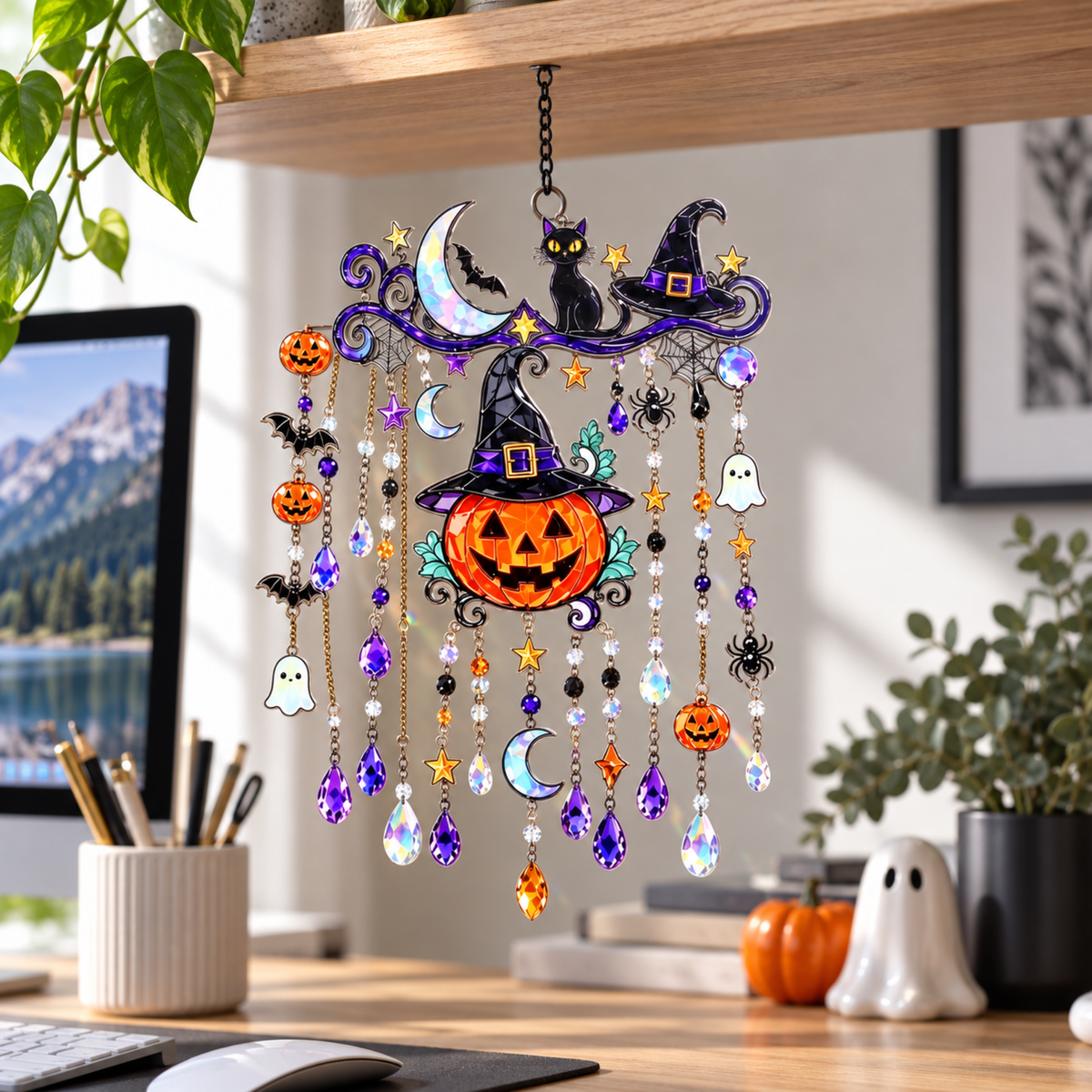 Halloween Pumpkin Witch Hat Wind Chime, Spooky Hanging Home Room Decor
