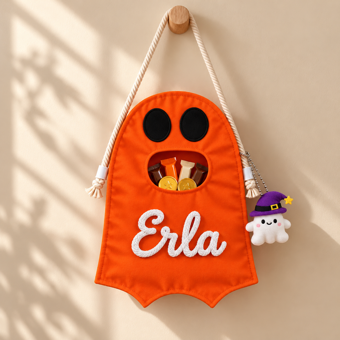 Personalized Ghost Halloween Candy Bag, Custom Name Trick or Treat Bag with Plush Charm