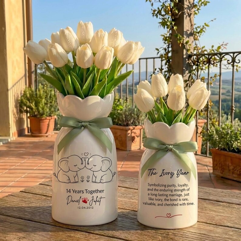 Ivory Anniversary Flower Vase – Personalized 14th Wedding Anniversary Gift for Couples